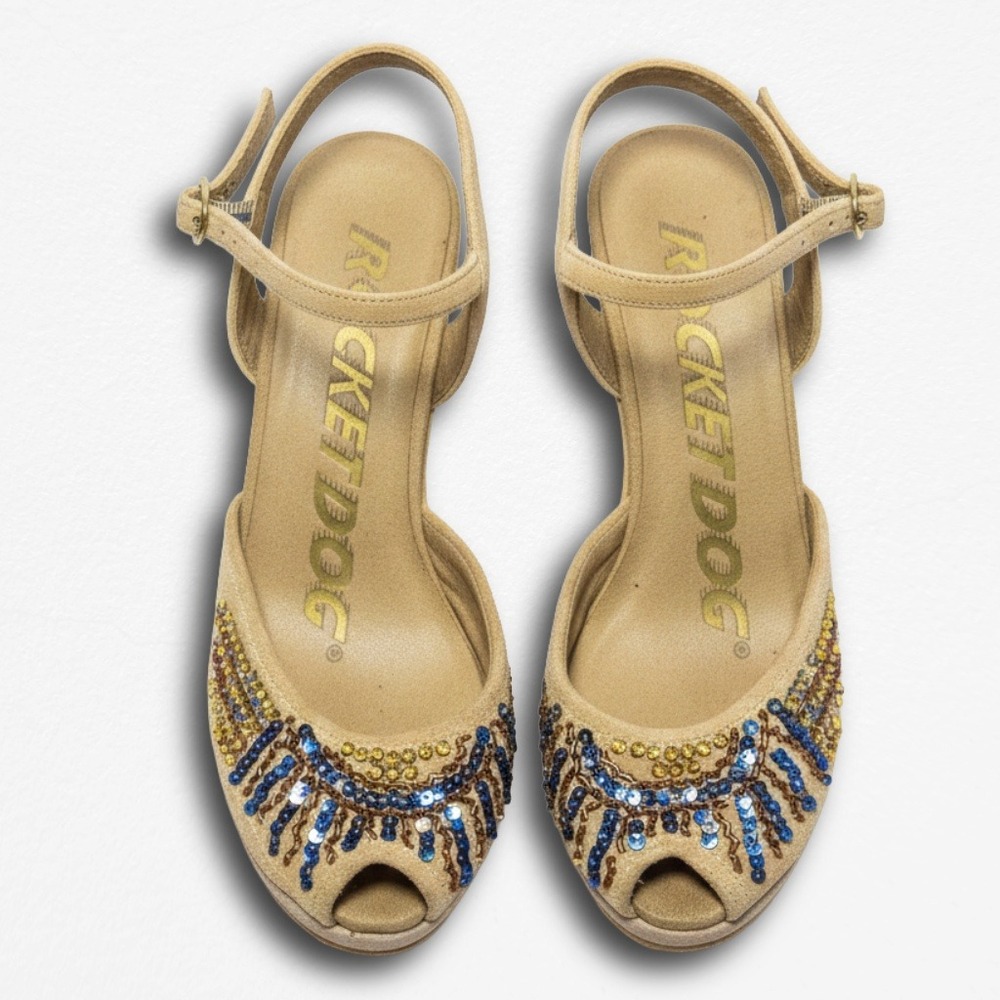 Rocket Dog Glitzy Tan Beaded Sequin Wedge Sandals Peep Toe Ankle Strap Womens 6